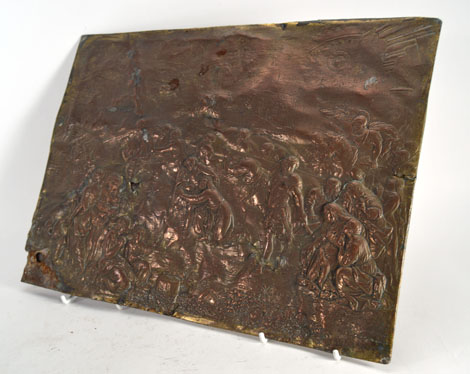 A brass plaque relief decorated with a first century scene, 36.5 x 27 cm CONDITION REPORT: Losses,