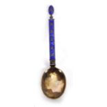 A Norwegian silver, parcel gilt and blue enamel decorated table spoon, Jacob Tostrup, l. 18 cm