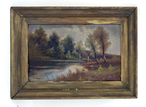 English School, 19th century,
Fishermen by a lake,
indistinctly signed,
oil on board,
37 x 62 cm and - Image 2 of 2