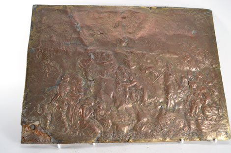 A brass plaque relief decorated with a first century scene, 36.5 x 27 cm CONDITION REPORT: Losses, - Image 2 of 5