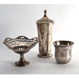 A silver sugar sifter of flared form, a miniature pierced silver tazza and a French metalware