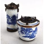 A Japanese blue and white pouring vessel of cylindrical form with metal mounts and swing handle,