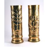A pair of brass vases constructed from First World War shell cases, h. 29 cm CONDITION REPORT: