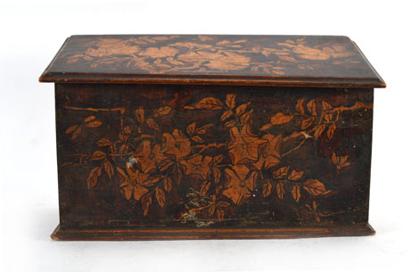 A 19th century stained beech and pen work stationary box, w. 24 cm CONDITION REPORT: Structurally