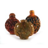 A 20th century Chinese cinnabar lacquer scene bottle and stopper, h. 6.5 cm, two further scent