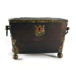 An oak and brass tea caddy of casket form, bearing a silver mount with inscribed dates 1883-1908, w.