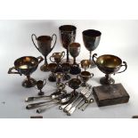 A group of silver plate including trophy vases, flatware etc CONDITION REPORT: Fair