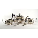 A silver plated three piece tea service, three further items of silver plate and a silver egg cup