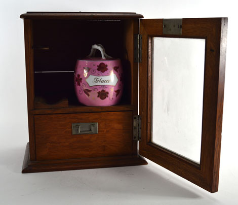 An Edwardian oak and glazed smokers cabinet, h. 28 cm, together with an associated tobacco jar - Image 2 of 2