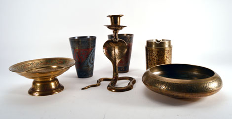 A group of Indian and Eastern brassware including an ashtray of leaf form relief decorated with - Image 3 of 3