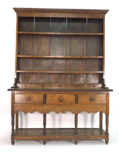 An 18th century-style oak dresser, the three tier plate rack above a superstructure with five faux - Image 3 of 4