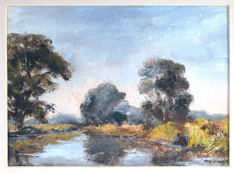 May Brookes (20th century),
Trees by a river,
signed,
oil on board,
14 x 19 cm CONDITION REPORT: