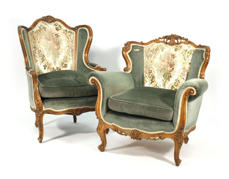 A Louis XV-style walnut and part upholstered wingback armchair by Epstein together with another