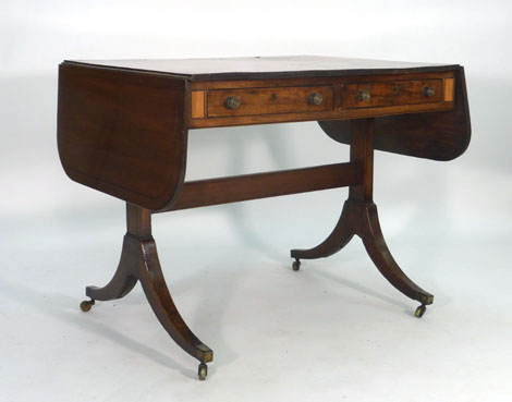 An early 19th century mahogany and strung sofa table with two frieze drawers on two supports with - Image 2 of 2