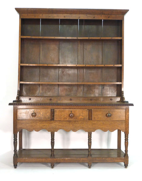 An 18th century-style oak dresser, the three tier plate rack above a superstructure with five faux - Image 2 of 4