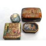 A Kashmiri papier mache lidded box of square form decorated with a court scene, 11.5 cm square and