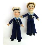 A pair of Empire pressed felt sailor dolls 'Queen Elizabeth' and 'Arcadia', h. 21 cm, in the manner