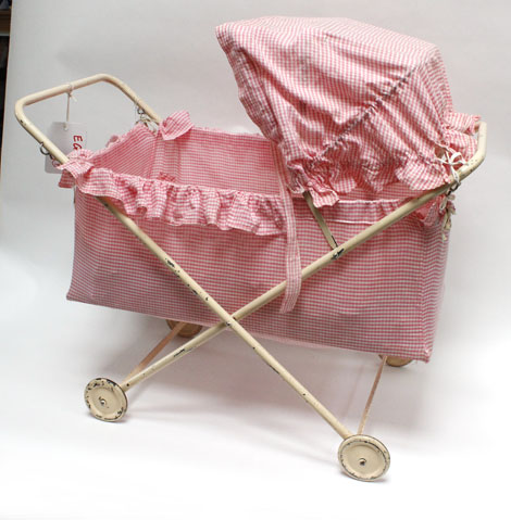 A Ma-Sit collapsible dolls pram in pink gingham containing a small group of national dolls and - Image 2 of 2