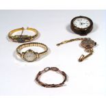 A silver cased open face fob watch, a part 9ct yellow gold ladies wristwatch, a ladies Rotary