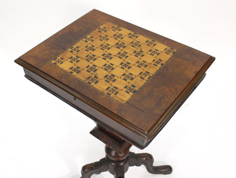 A 19th century walnut sewing table, the surface inlaid with a chess board on four splayed feet, w. - Image 3 of 3