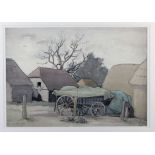 Marjorie Croft (b. 1889),
A study of a farmstead,
signed,
watercolour and pencil,
26 x 38 cm