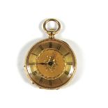 A Continental 18ct yellow gold cased fob watch, the engraved dial with black Roman numerals within a