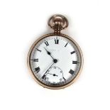A 9ct yellow gold cased open face pocket watch by Benson, the white enamel dial with black Roman