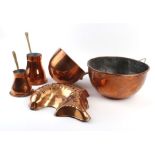 A small group of 20th century copper and brass mounted items including a jelly mould  CONDITION