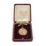 A Continental 18ct yellow gold ladies fob watch, the gold coloured dial with black Roman numerals