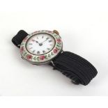 A silver cased ladies wristwatch, the white enamel dial with black and red Roman numerals within