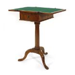 A George III walnut and crossbanded games table, the folding top over a single frieze drawer on a