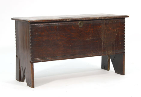 A 17th century-style oak and chamfered six-plank coffer, l. 84 cm CONDITION REPORT: Wear, shrinkage,