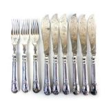 Six metalware fish knives and three matching forks, stamped 'Henniger' CONDITION REPORT: Dents and