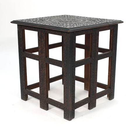 An Anglo-Indian carved hardwood folding table of square form, w. 53 cm CONDITION REPORT: Some