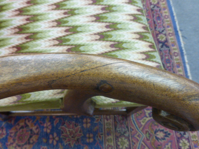 A George III mahogany and upholstered open armchair on square straight legs joined by stretchers - Image 2 of 9