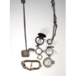 A silver cased hunter pocket watch by Picket, two silver cased fob watches, a silver vesta case,