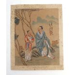 Two Chinese paintings on woven fabric, one depicting a master and his student, 21.5 x 16.5 cm