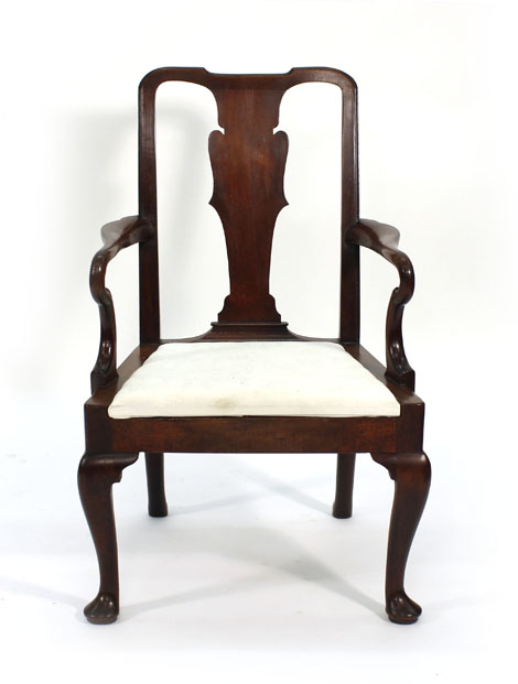 A George II mahogany and upholstered open armchair on cabriole legs CONDITION REPORT: Structurally