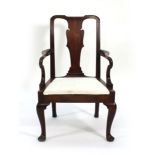 A George II mahogany and upholstered open armchair on cabriole legs CONDITION REPORT: Structurally