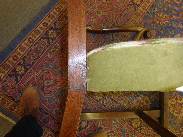 A George III mahogany and upholstered open armchair on square straight legs joined by stretchers - Image 4 of 9