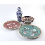 Two modern Chinese export chargers decorated in coloured enamels, an Imari pattern dish and a