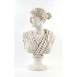 A Classical-style alabaster bust entitled 'Diana' on a socle base, indistinctly signed verso, h.