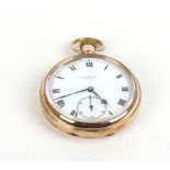 A 9ct yellow gold open face pocket watch by Benson, the white enamel dial with black Roman