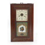 An American wall clock, the enamelled face with Roman numerals within a walnut and painted glass