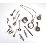 A small parcel of silver and metalware including a sovereign case, a vesta, a fob watch and other