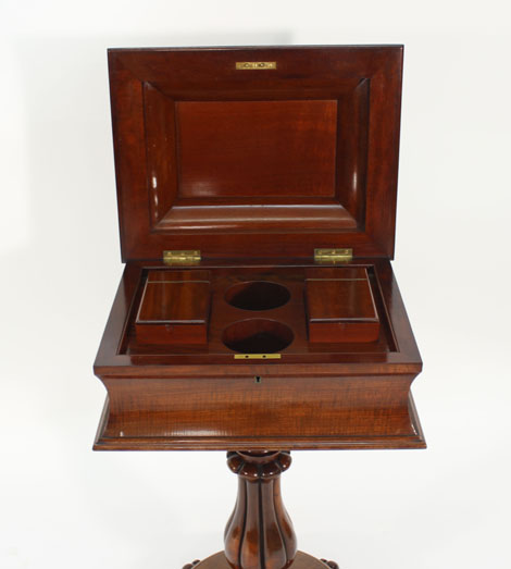 A Regency mahogany teapoy, the interior with two detachable canisters and two glass bowls, on a - Image 3 of 3