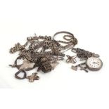 A Continental silver cased open face fob watch and chain and a small parcel of silver and metalware