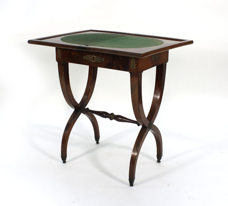 A Regency mahogany and gilt metal mounted games table, the folding top over a frieze drawer on - Image 2 of 3