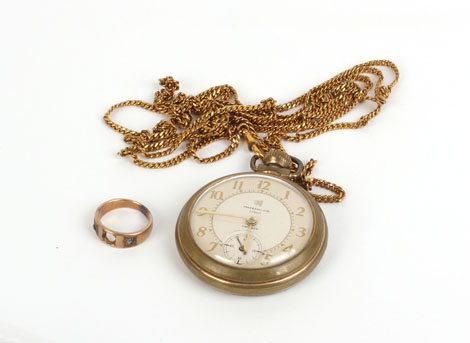 A base metal Ingersoll open faced pocket watch and chain, together with a yellow metal ring