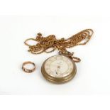 A base metal Ingersoll open faced pocket watch and chain, together with a yellow metal ring